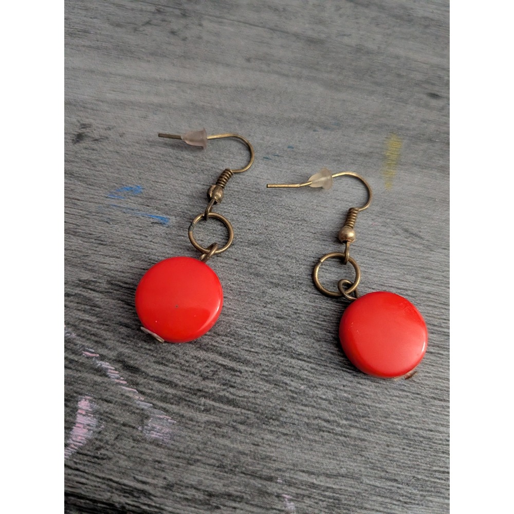 Red Disc Drop Earrings Antiqued Brass Tone Fishhook Dangle Geometric Minimalist